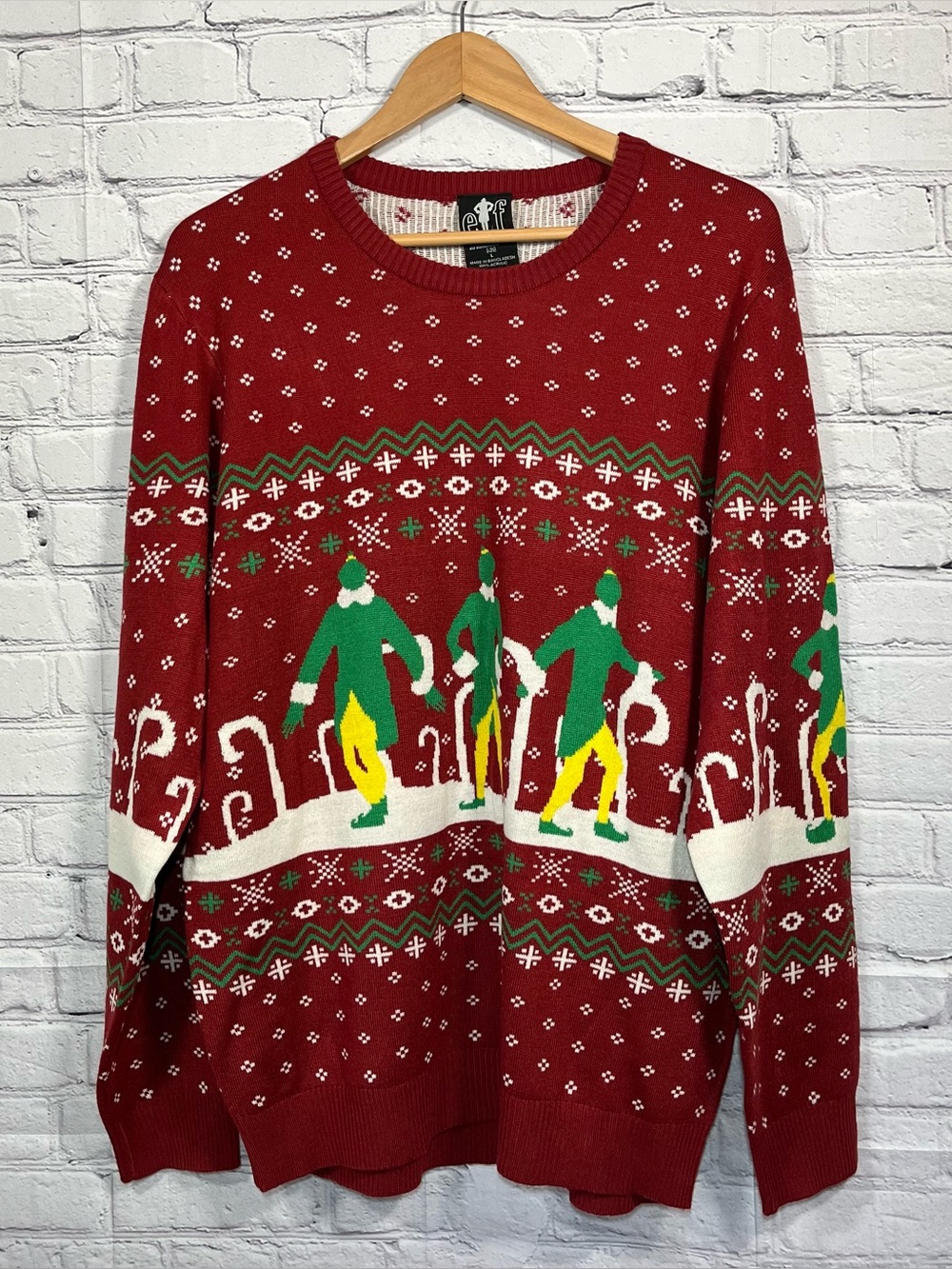 Buddy the Elf Christmas Sweater Mens Large Multicolor Pullover Crew Neck